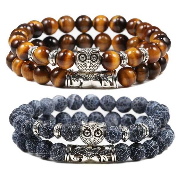 Bracciale fossile per fossili di tigre di tigre nera di perline da gufo classico uomo fascino naturale e gioielli yoga da donna