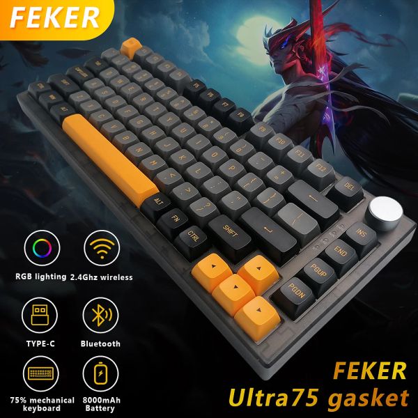 Teclados Feker IK75 Ultra Pro Pro Mechanical Keyboard Gaterão PANDA SWITCH PBT TENASCAP 3MODLE RGB Bluetooth/2,4g JOBE TECLADO sem fio da junta sem fio