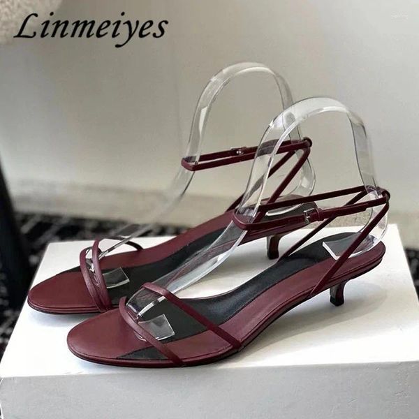 Lässige Schuhe sexy Kätzchen Heels Sandalen Frauen gemischte Farben schmale Band Party echter Leder -Knöchel Schnalle -Schnalle -Gurt Summer Slippers Frau