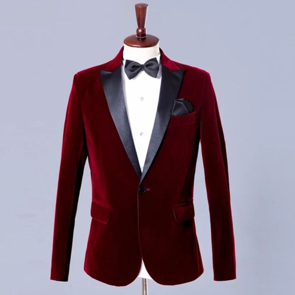 Giacche da uomo retrò giacca per giacca per fidanzato Burgundy Velvet Cena Blazer Wedding Groom Slim Fit With Black Depited Babbic Fashion Coat