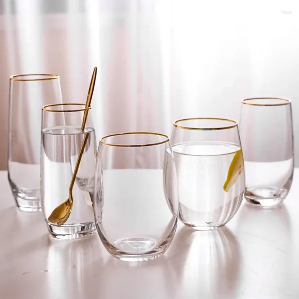 Weingläser Gold RIMMED Clear Crystal Glass Haushalt große Kapazität Wärme-resistentes Wasser rund Milchsaft Bier Whisky