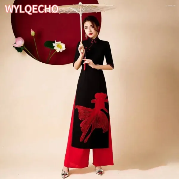 Этническая одежда 2024 Женская винтажная аодай Вьетнам Традиционная цветочная вышивка одежды и брюки Костюмы Улучшенное платье Cheongsam