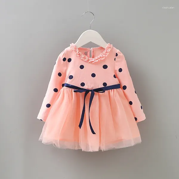 Девушка платья 4 цвета весна 2024 маленькие девочки Dot Princess Dress Disply Dels Cotte Voile длинные рукава дети милая одежда с лентой