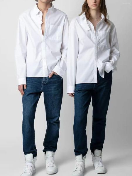 Bloups feminina Mulheres e homens camisa decote branco letra de asa bordado de gola virada de coleira longa solta blusa de seios unissex solta