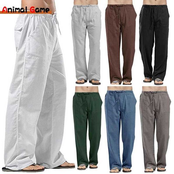 Calça masculina nova linho calças largas calças coreanas calças masculinas de linho de linho de grandes dimensões Mens primavera/verão calças de ioga casuais roupas esportivas esportivas