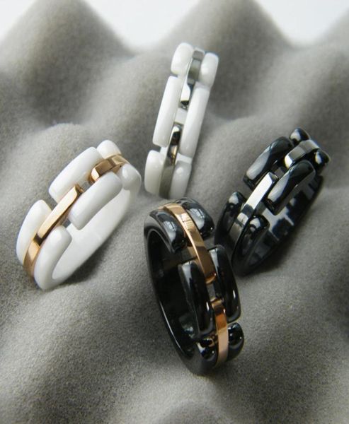 Nuovo Arrival Fashion Lady 316 Titanio Steel Black White Ceramic Wedding Engagement 18K Gold Street Rings size6115772205