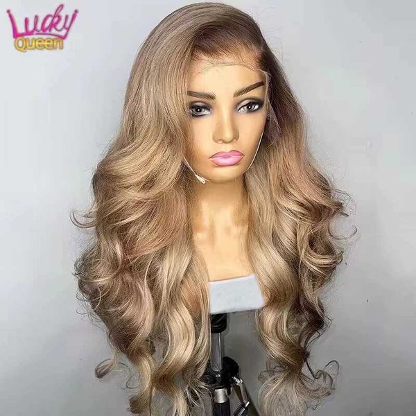 Синтетические парики Ombre Blonde 13x4 Прозрачный кружевной передний парик для волос с коричневым корнем с бесцветным телом серая 5x5 закрытый предварительно отдельный Q240427