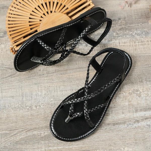 Freizeitschuhe Frauen geflochtene flache Sandalen Clip Zeh Sommer Leichtes Elastizität Band