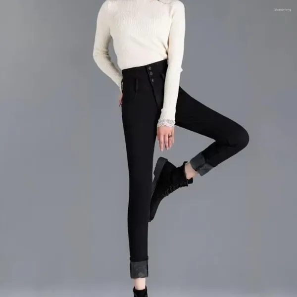 Calça feminina feminina jeans de algodão calça de cor sólida casual calça alta cintura falsa de pele forrada de inverno fino macio para o outono