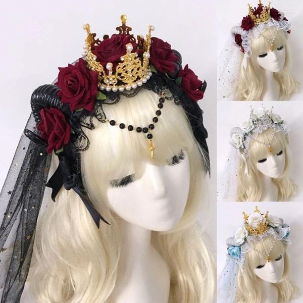 Cha cabelo clipes de ovelha chifre gótico góticos steampunk chifre de diabo flores rosa lacta tiara decorações para figurino