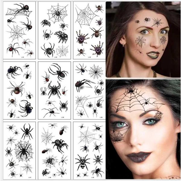 Tattoo Transfer 10heets/Pack New Halloween Holiday Face Makeup e Terror Spider e Scar Máscara Design de tatuagem impermeável temporária falsa 240426