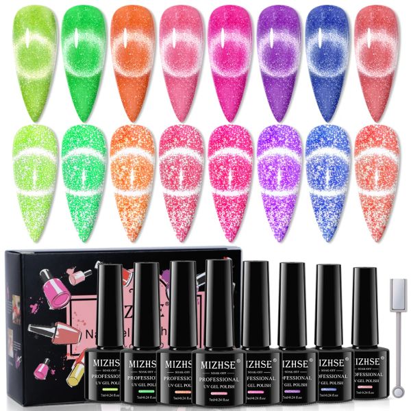 Kit mizhse 8pcs gel gatto smalto gel set fluorescente riflettente gel magnetico gel magnetico immergersi via