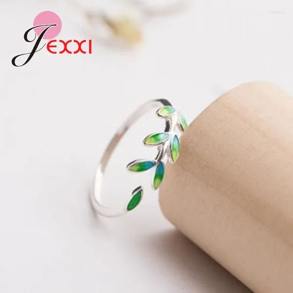 Rings Cluster Genuine Simple Green Tree Leave 925 Sterling Silver for Women Open Cuff Regolable Ring Anniversary Engagement Gift