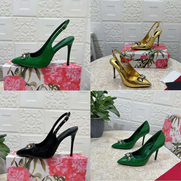 Slingbacks Designer Casual Casual Leather Sandálias de salto alto Crystal decoração de moda tornozelo fivela dica feminino