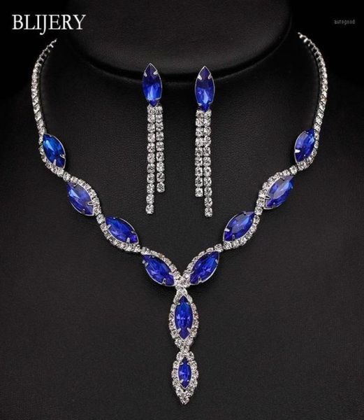 Blijery Silver banhado Royal Blue Crystal Wedding Jewelry Conjuntos para mulheres Brincos de jóias de noiva de borda de folhas de folha Conjuntos de jóias de noiva13005458391