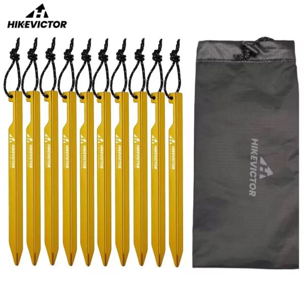 Abrigos HikeVictor 10pcs Alumínio de alumínio PEGS PEGS PEGS CAMPING AO ANTERIOR 15 cm de tenda de tenda corda de vento unha com estojo de armazenamento de bolsa