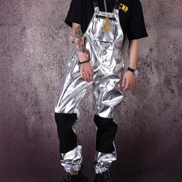 Компания Man Big Kids Chic Fashion Серебряные металлические брюки хип -хоп куча живое шоу танцевальные костюмы штаны