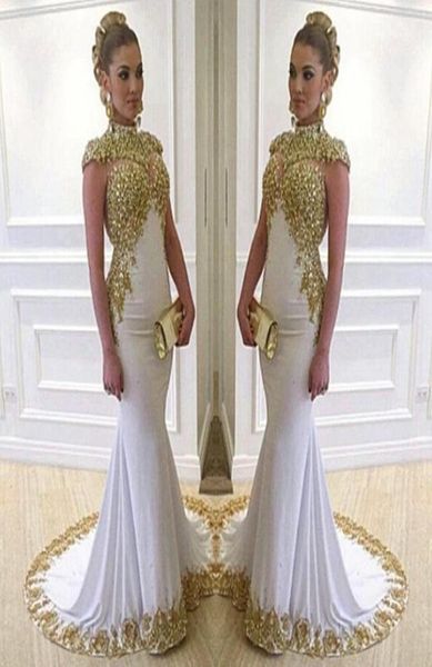 Потрясающее белое длинное вечернее платье с высоким рукавом для бусинки из бисера золотых кружевных аппликаций растягивая атласная русалка женщинам формальные платья9189241
