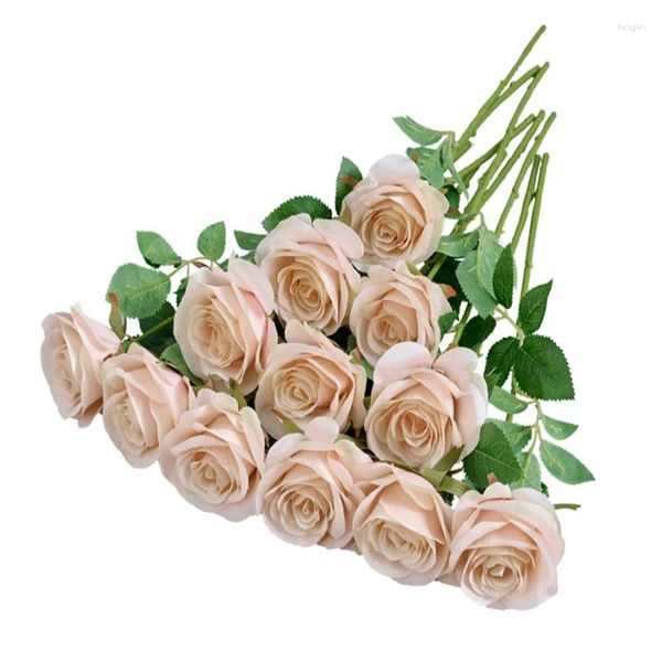 Flores decorativas 10pcs blush rosa rosas artificiais falsa seda realística buquê com hastes longas para o casamento homeparty