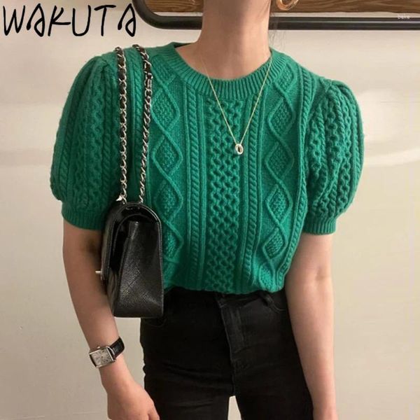 Blusas femininas wakuta verde argye suéter pullovers feminino outono inverno 2024 solto o pescoço sólido malha de manga curta curta malha