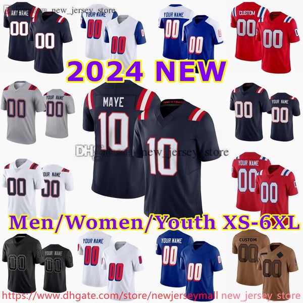 Custom s-6xl diy 10 Drake maye futebol camisa 12 Tom Brady Rob Gronkowski Ezekiel Elliott Rhamondre Stevenson Kendrick Bourne Juju Smith-Schuster Matthew Judon