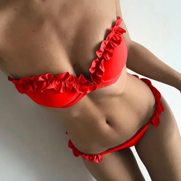 Set Zaful Kadın Mayo Mayo Eşleşen Çok Yolu Kontrast Fishnet Halter Bandeau Kravat Tarafı Tanga İki Parça Bikini Set Banyo