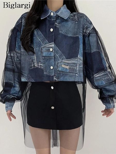 Frauenblusen Denim Spring Summer Shirts Tops Women Mesh Patchwork Fashion Print Ladies Cropped Korean Lose Frau Mäntel