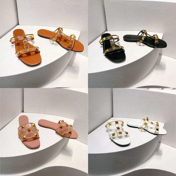 Düz Moda Topuklu Terlik Kadın Metal Perçin Dekorasyonu Şeffaf PVC Ekopar Sıradan Sandalet Tasarımcı Ayakkabı Klasik Ev Termeri Orijinal Kalite