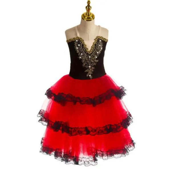 Gonna romantica da balletto tutu per ragazze abito rosso spagnolo rosso per donne adulte morbido abito lungo vestito ballerina costumi 240412