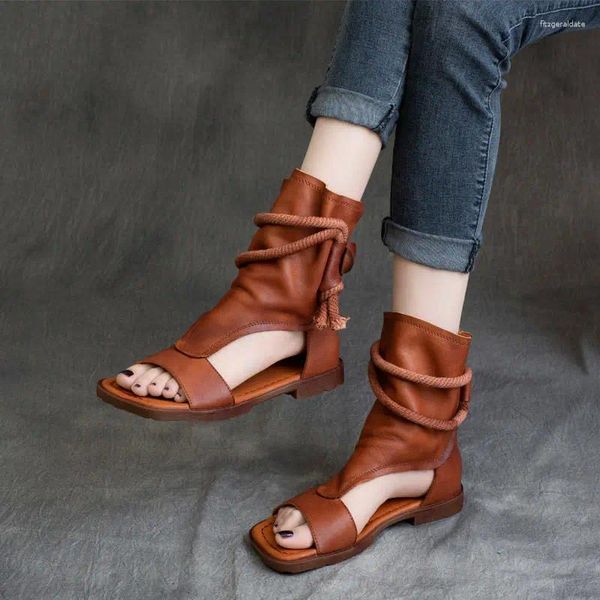 Freizeitschuhe Artdiya High Top Open Toe Sandalen für Frauen Sommerstiefel Luxus hohl aus out Beach echte Lederwohnungen Damen Damen