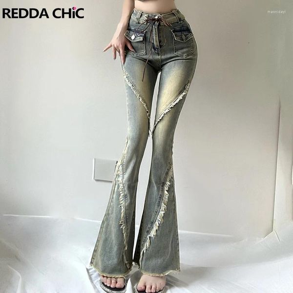 Kadınlar Kot Reddacic 90'lar Vintage Bandage Yüksek Bel Kadınları Parlamış Patchwork Boot Cut Pants Pantolon Strusly Pantolon Şık Sokak Giyim