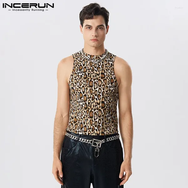 Мужские майки Tops Incerun 2024 Красивые мужские леопардовые печать выпускаются выдолбленные в жилетах. Показывает стиль стильные сексуальные мужские жилеты S-5XL