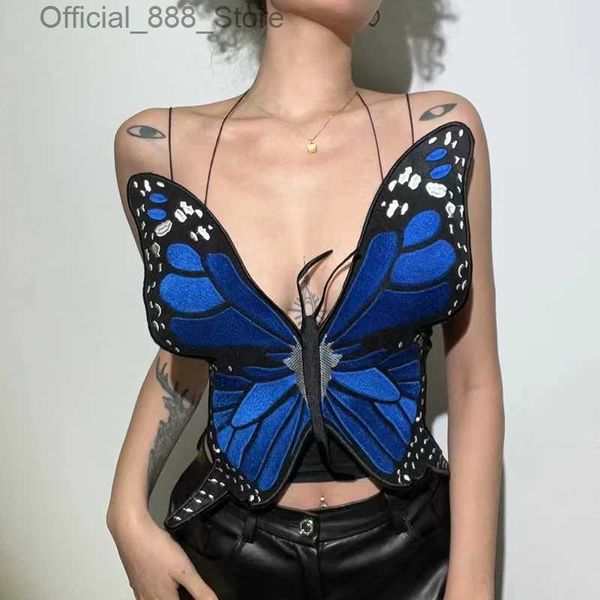 Женские танки Camis 2022 Fashion Sexy Blue Blue вышитая бабочка Top Top Women V-образные бретежи Brap Brap Brap The Belly Dance Stage Come Womens Short Tops D240427