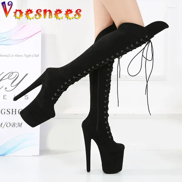 Stiefel Frauenschuhe schwarze Plattformen Pole Dance High Heels weibliche Wildleder-Seite sexy Peep Zehenpumpen Club Over-the-Knie Long Tube