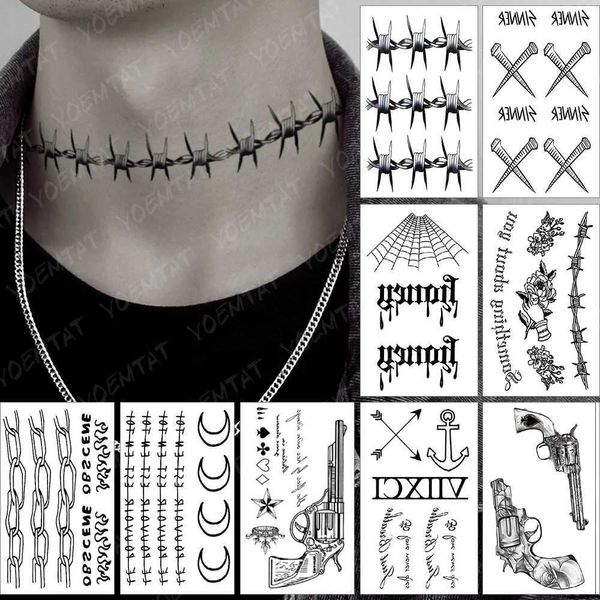 Tatuagem Transferência de tatuagem Impermeável Tattoo Tattoo Atete Wire Collar Flash Tatto Men Sinner Gun Spider Web Web Art Body Art Fake Tatoo Mulheres Legal 240426