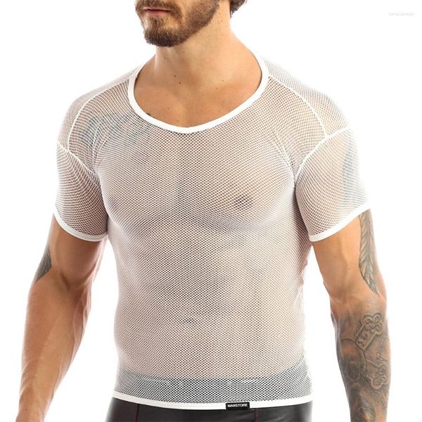 Tanques masculinos Mosh de verão Mesh transparente colorido de cor sólida Fishnet T-shirt Muscle Crot Clubwear Roupas para homens