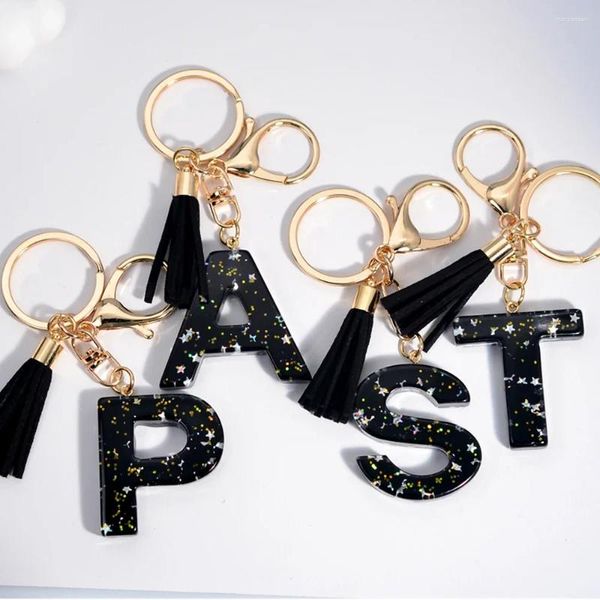 Keychains glänzende schwarze schwarze 26 Buchstabe Schlüsselbund A-Z Initial Stern-Sequin Füllung Keyring Tassels Anhänger Autoschlüsselhalter für Frauen Männer Geschenk