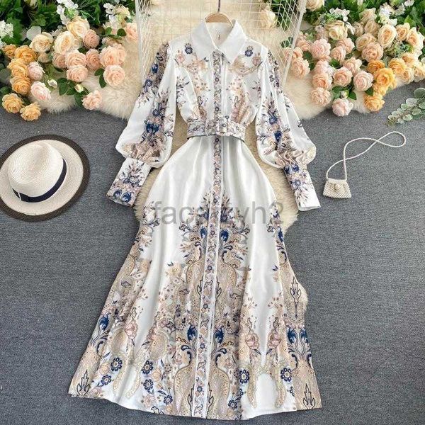 Abiti casual Spring Women Women Vintage Taled Wack Sleeve Dress Long Dress Floral Print Court con pista della cintura