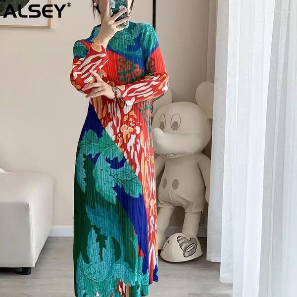 Vestidos casuais Alsey Miyake plissado impresso de manga longa elegante bloqueio para mulheres moda plus size vestidos de noite