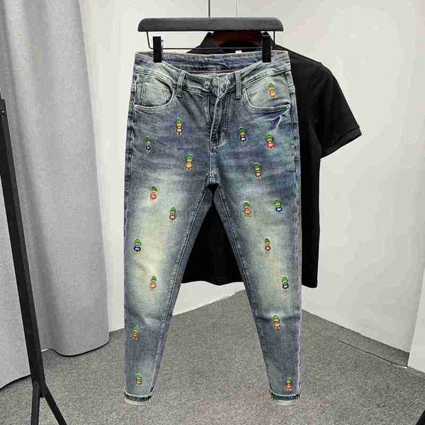 Designer jeans for maschion marchio giallo anatra ricamata maglia slim fit jeans autunno pantaloni di moda dei piedi casual