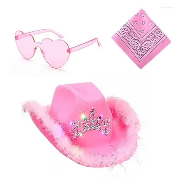 Beretti Led Cappello da cowboy Bandanas Occhiali da sole Sestica da sole Women Pink Musical Festival Dress Up Bachelorette Party Pups