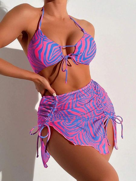 Kadın Mayo Vintage Mor Çizgili Bikini Seti 2024 Kadınlar Halter Hollow Out Push Yukarı Pale Etek 3 Parça Swimsuit Plaj Maması Takım