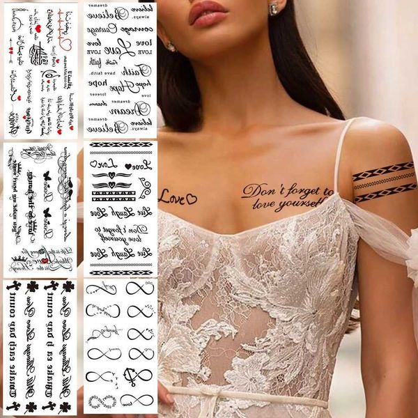 Tattoo Transfer minimalistischer Buchstaben Temporäres Tattoo für Kinder Frauen kleines Wort Tattoos Aufkleber Schwarz Endless Herz gefälschter Tatoos Ketten Schlüsselbein 240426