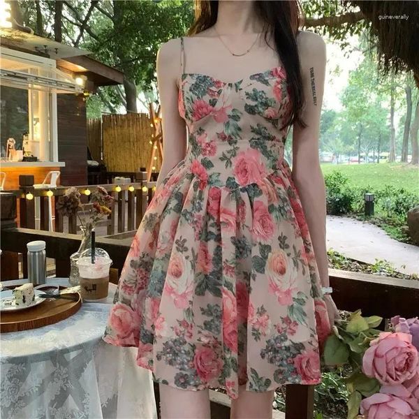 Sıradan Elbiseler Vintage Floral Mini Elbise Kadınlar Baskı Kılıç Bir Çizgi Yaz Tatlı Spagetti Kayışı İnce Sundress Zarif Vestidos