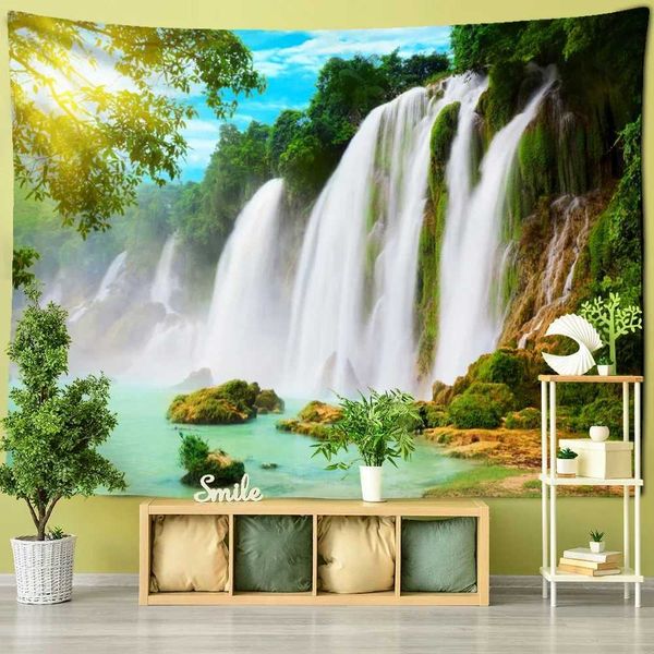 Arazzi foresta di foglie d'acero e cascata dipinto di paesaggio muro di arazzi per arte appesa Arte naturale pianta boho dormitorio decorazione soggiorno