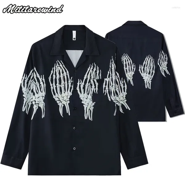 Camisas casuais masculinas de estilo cubano de estilo japonês Camisa de manga comprida Homem de caveira de caveira de peito de peito preto Harajuku Black