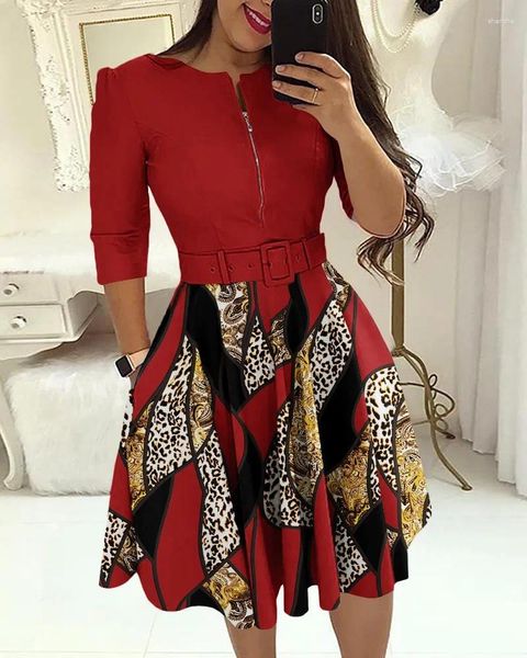 Lässige Kleider Mode elegante Frauensommergürtel Midi Kleid Barock Leopardenmuster für Frauen 2024 Ziper Büro Damen Damen