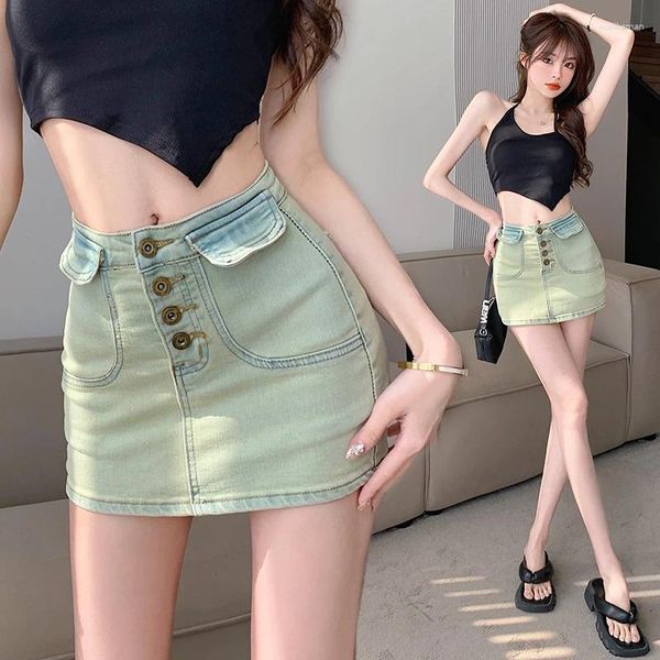 Saias doces menina retrô de cintura alta jeans curta saia curta feminina verão single slim fit mini moda feminina roupas femininas