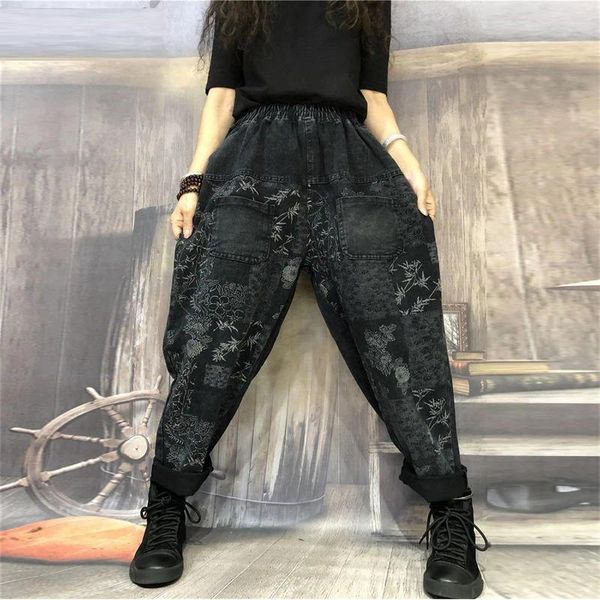 Frauen Jeans Herbst Spring Mode Frauen elastische Taille Lose Vintage Print Baumwolle Denim Harem Hosen Freizeit S463