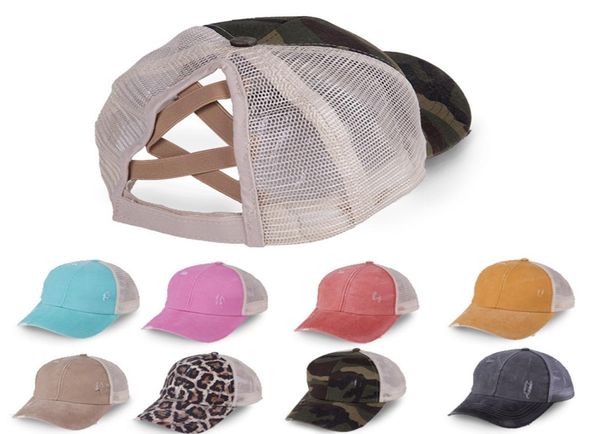 Capas de beisebol de rabo de cavalo transversal lavadas, bandos bagunçados de pãezinhos de caminho de pônei, visor unissex, leopardo, hapsa de chapéu de verão de verão ao ar livre snapbacks ljj9637888